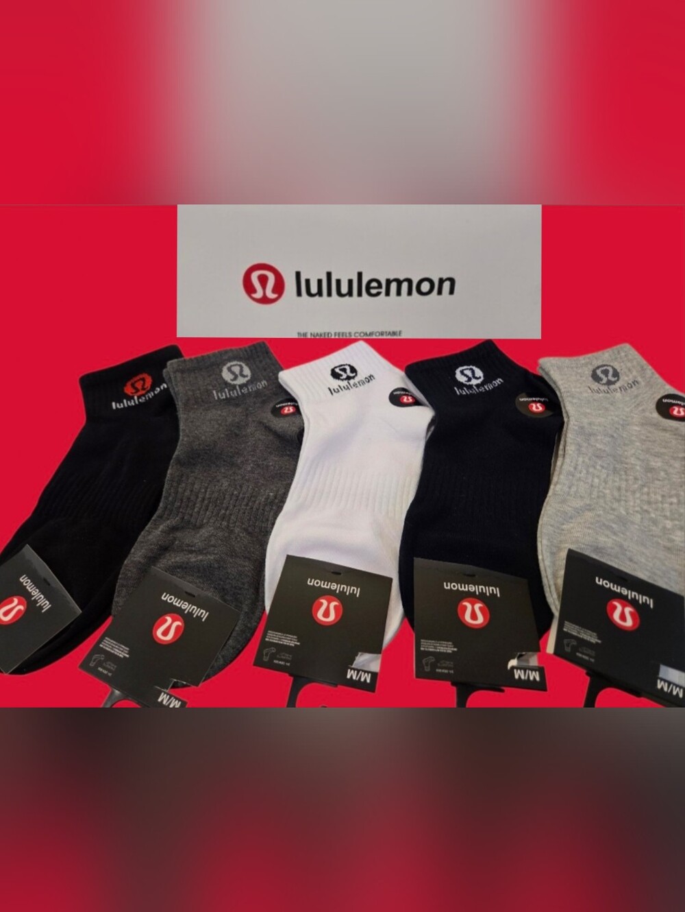Lululemon Womens Logo Ankle Socks Medium BNWT With Box 5 Pair Black Gray White